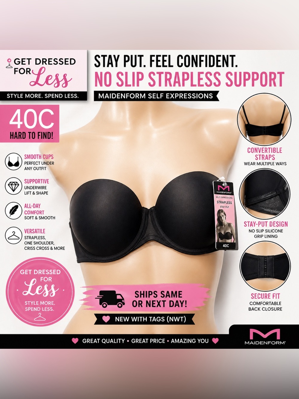 Maidenform Strapless Bra 40C Black Stay Put Convertible No Slip Support NWT